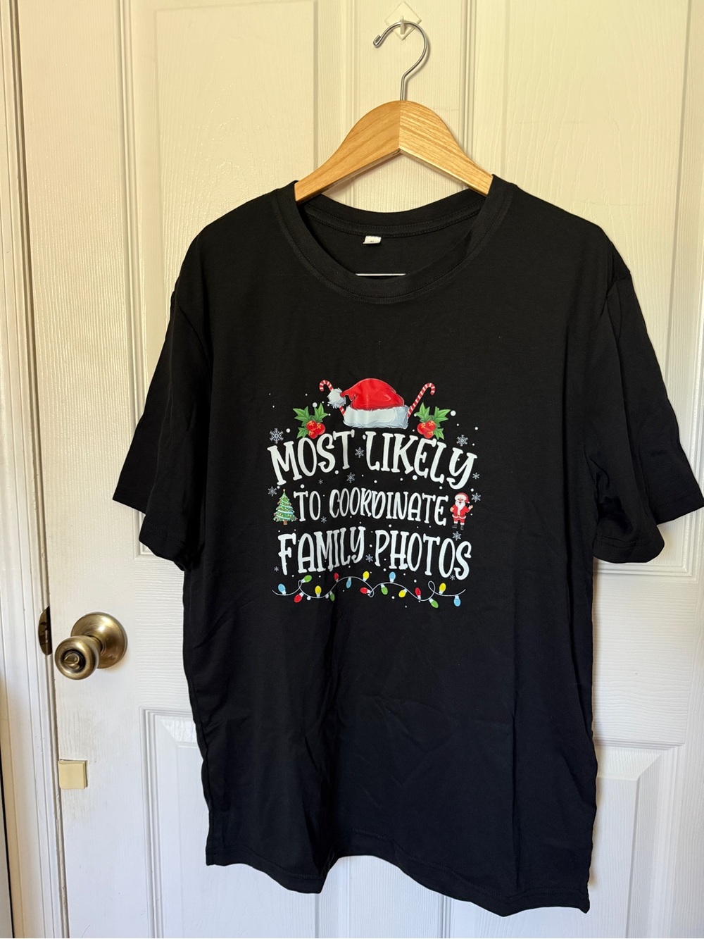Holiday 'Most Likely to Coordinate Family Photos' Black Graphic Tee / Size M